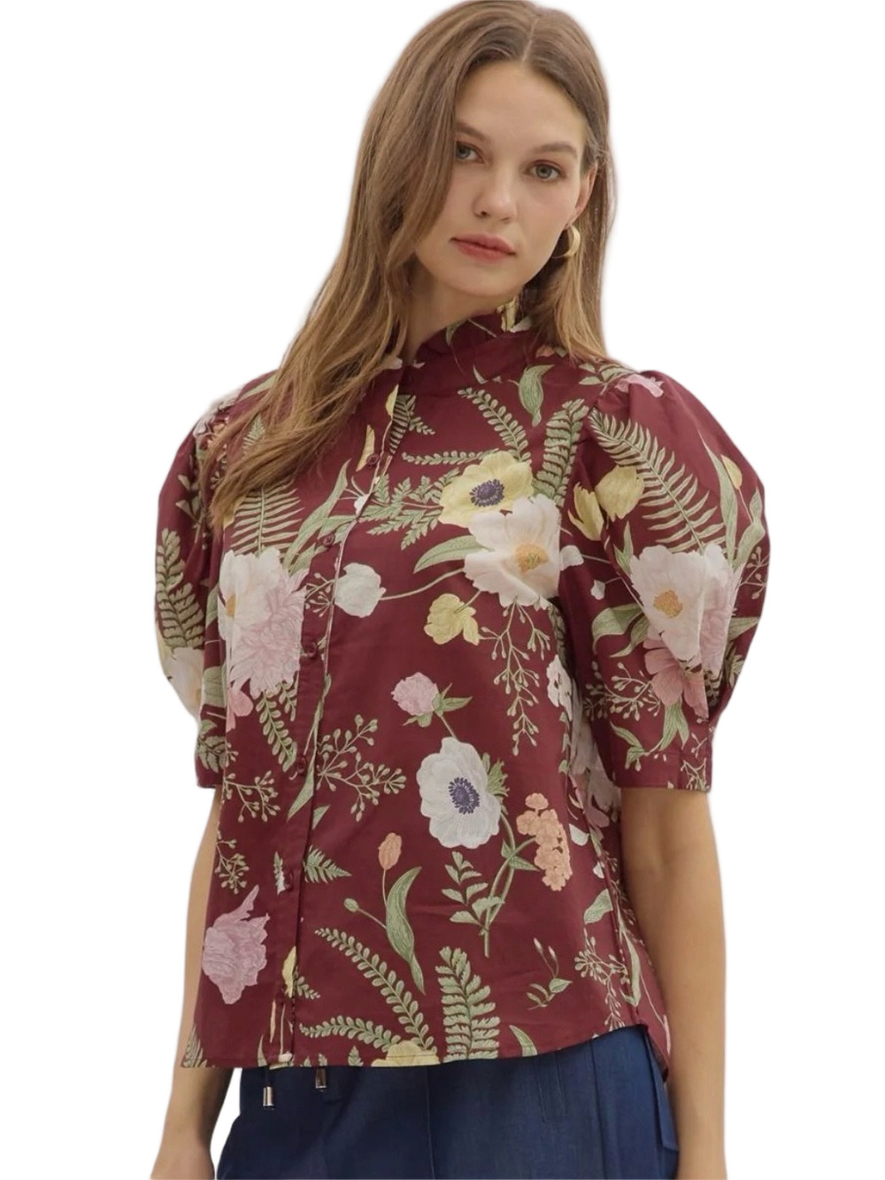 🦢ENTRO Floral Puff Sleeve Button-Front Top in Burgundy size Large GUC